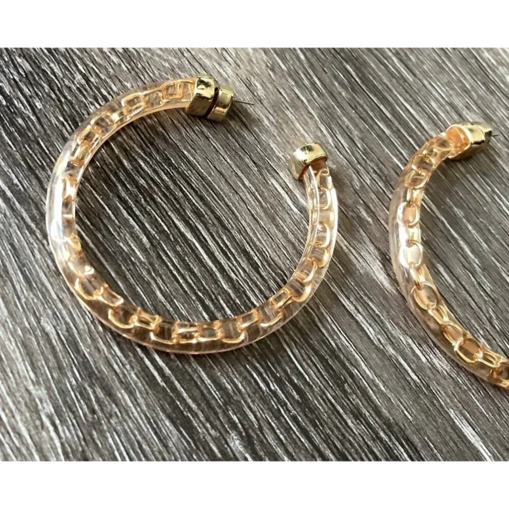 Vintage 80’s Largo Gold Tone Hoop Dangle Earrings Poured Lucite Statement Sz 3”
